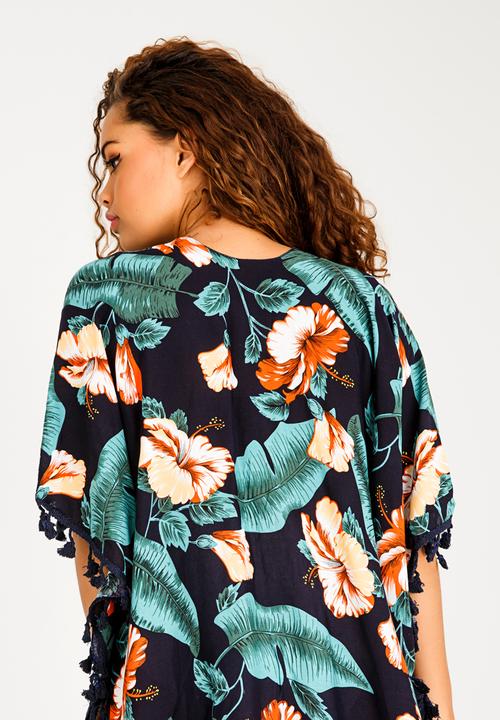 Lithe - Open Front Kaftan with Tassle Trim Navy