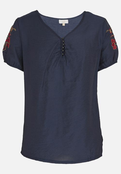 edit - V-neck Embroidered Detail Blouse Navy