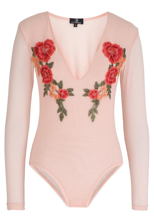 STYLE REPUBLIC - Embroidered Mesh Bodysuit Rose