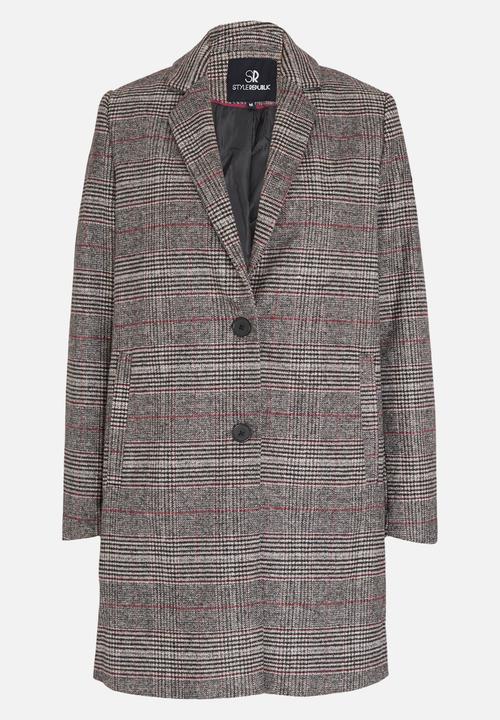 STYLE REPUBLIC - Wool-like Checked Longer Length Coat Grey