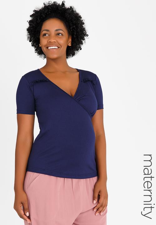 edit Maternity - Mock wrap top with frill detail - navy