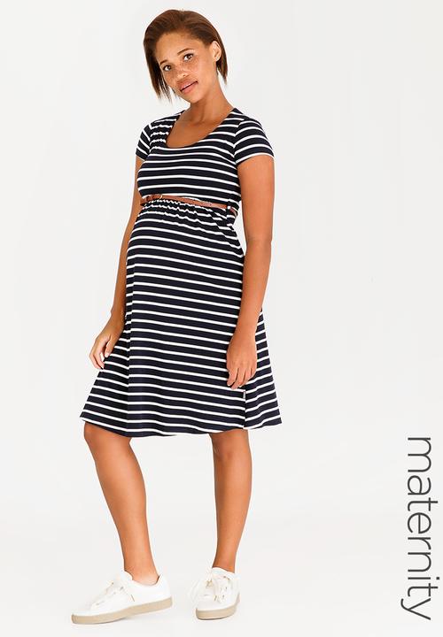 Cherry Melon - Belted Scoopneck Cap Sleeve Dress Navy & White