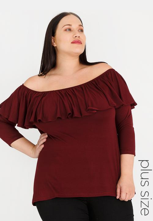 edit Plus - Bardot Top with Frill Burgundy