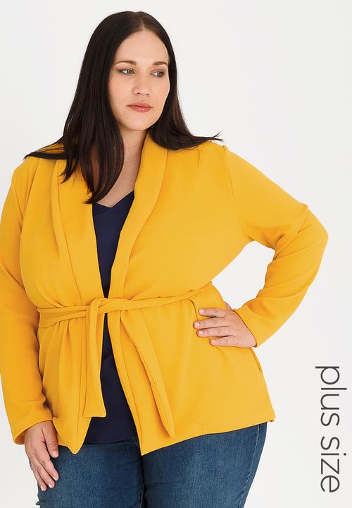 edit Plus - Knit Front Tie Jacket Yellow