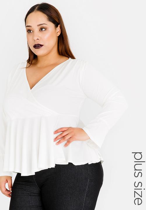 edit Plus - Peplum Mock Wrap Top White