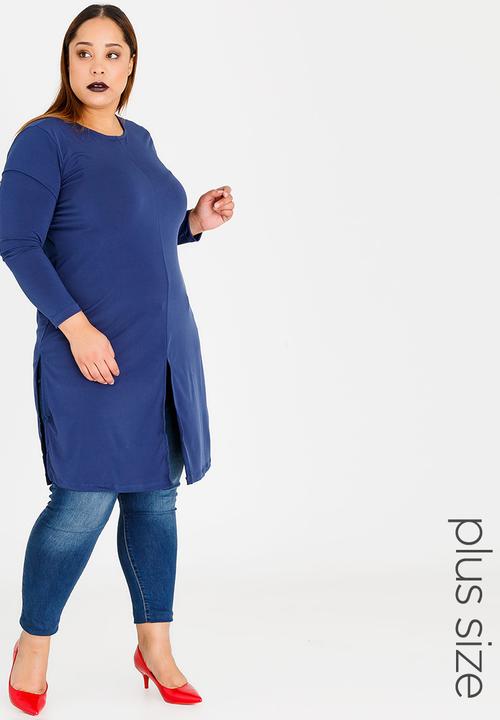 edit Plus - Long Sleeve Overlay Tunic with Slit Detail Navy