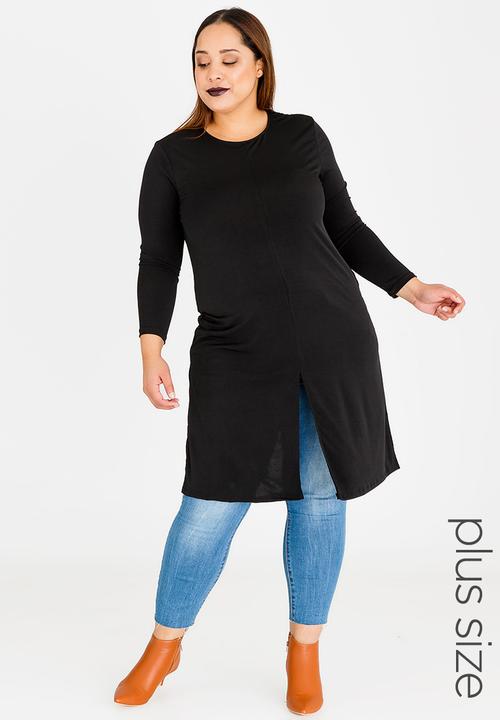 edit Plus - Long Sleeve Overlay Tunic with Slit Detail Black