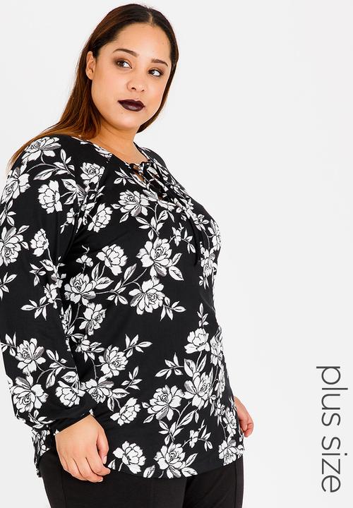 edit Plus - Front Lace-Up Detail Blouse Multi-colour