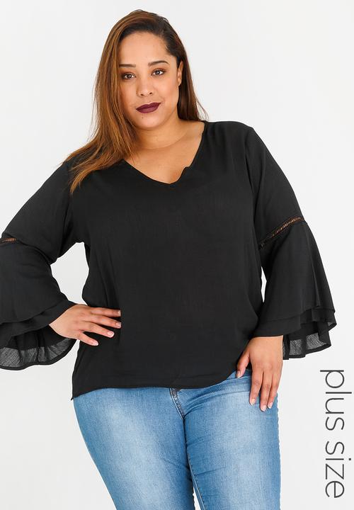 STYLE REPUBLIC PLUS - Bell Sleeve Blouse with Ladder Lace Detail Black