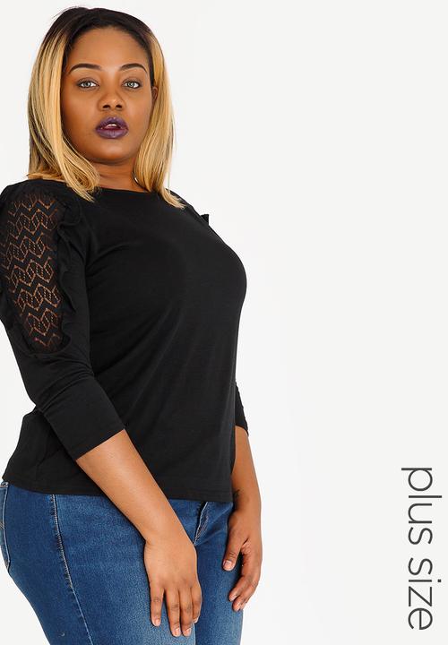 edit Plus - Frill Sleeve Detail Top Black