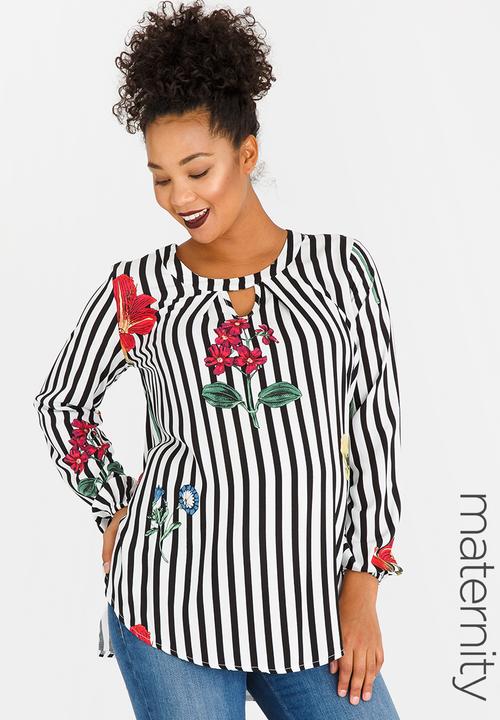edit Maternity - Striped Tunic with Cut-out Neck Detail Black and White