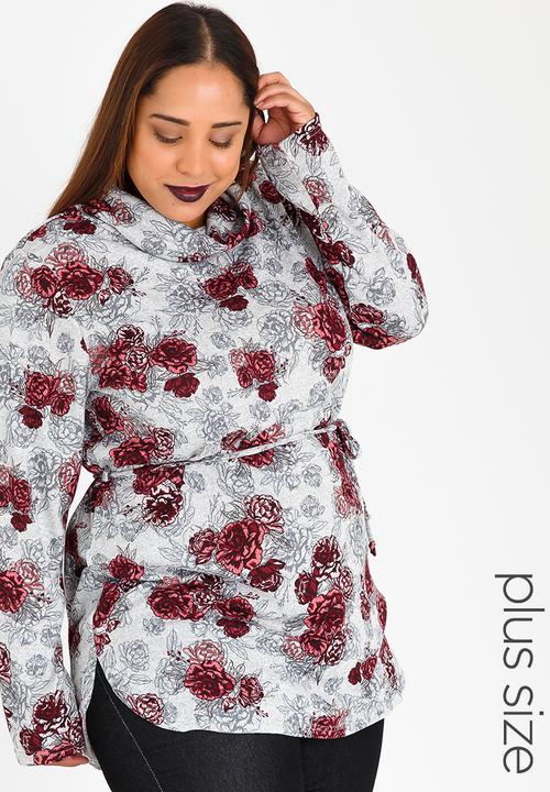 edit Plus - Cowl Neck Tunic Top with Tie Belt Grey