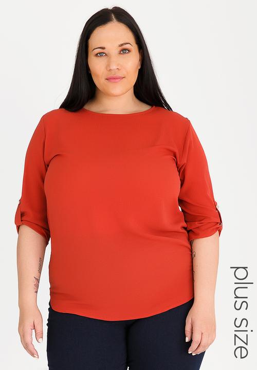 edit Plus - Basic Blouse with Sleeve Tab Detail - red