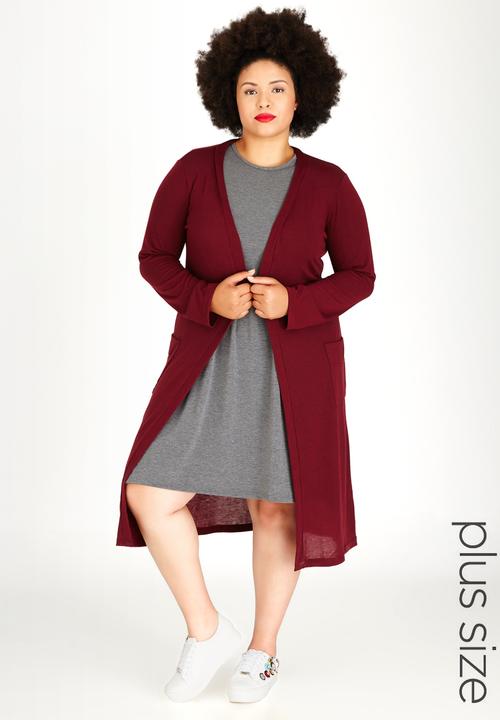 edit Plus - Longer Length Knit Cardigan Dark Red