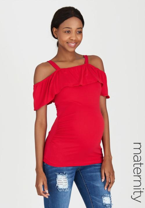 edit Maternity - Off-Shoulder Frill Top Red