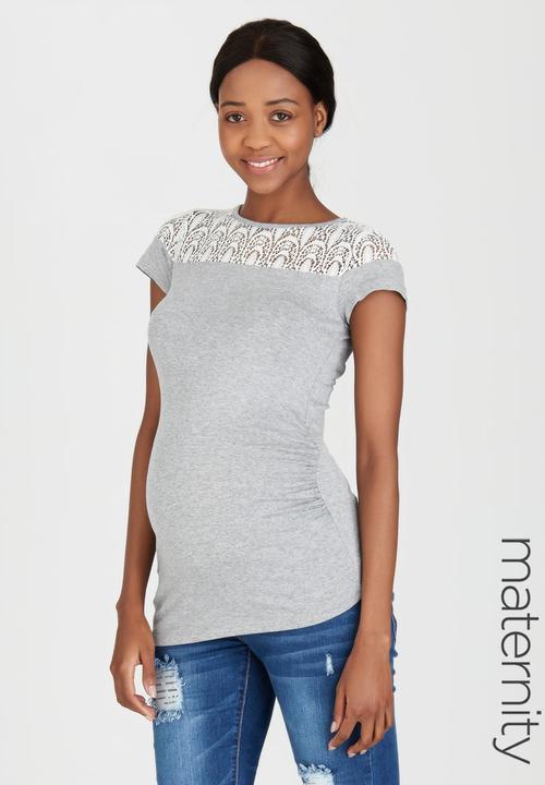 edit Maternity - Lace Inset Stripe T-shirt Grey Melange