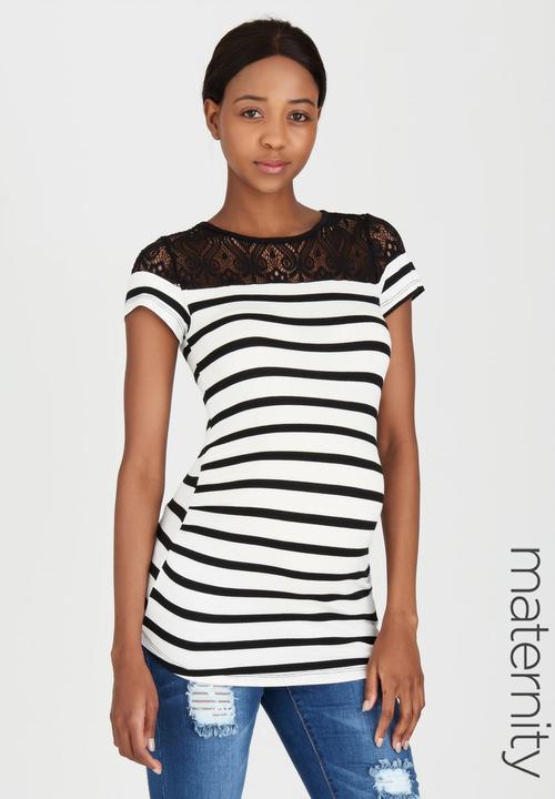 edit Maternity - Lace Inset Stripe T-shirt Black and White