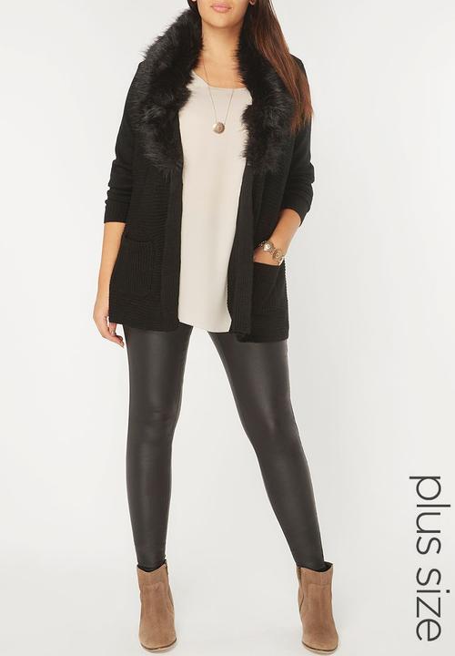 EVANS - Cardigan with Faux Fur Collar Black