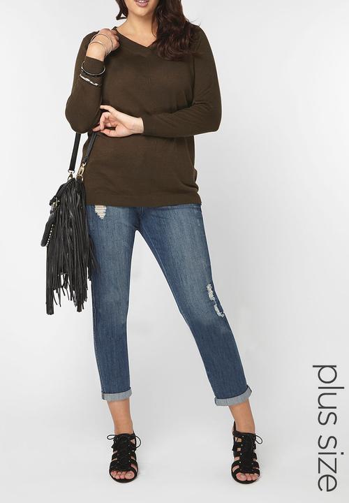 EVANS - V-Neck Long Sleeve Sweater Khaki Green