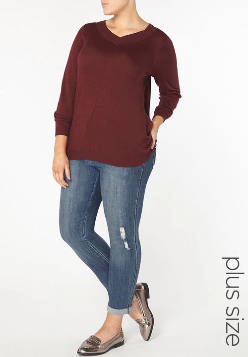 EVANS - V-Neck Long Sleeve Sweater Dark Red