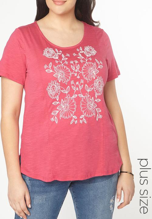 EVANS - Short Sleeve Embroidery Detail Tee Mid Pink