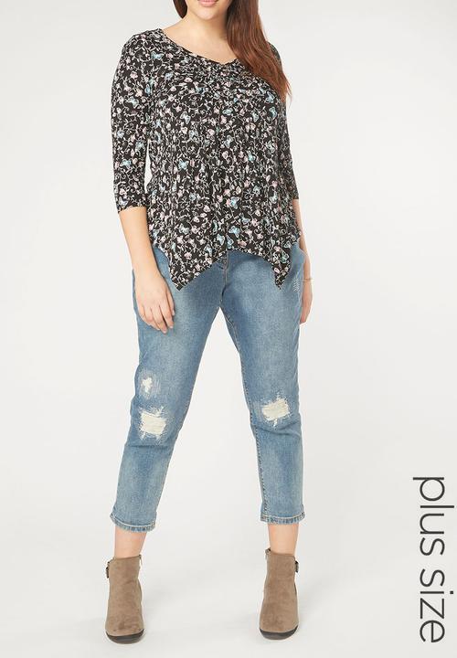 EVANS - All-over Print Pleat Detail Top Black