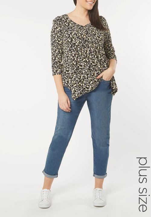 EVANS - All-over Print Pleat Detail Top Black