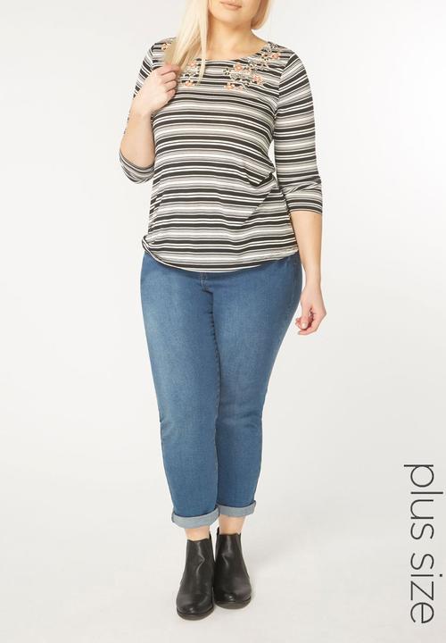 EVANS - Stripe Embroidery Detail Top Black and White