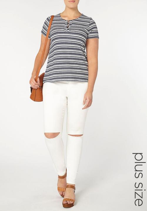 EVANS - Stripe Lace-up Tee Blue and White