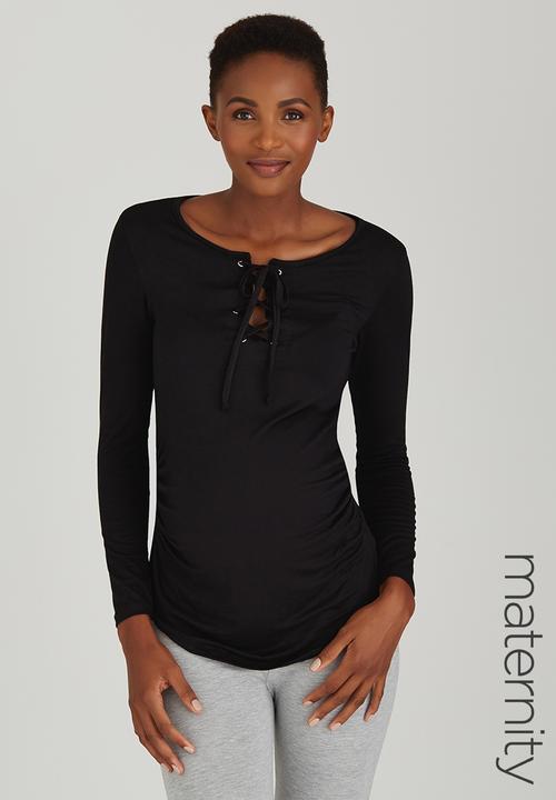 edit Maternity - Lace-Up Gauged Top Black