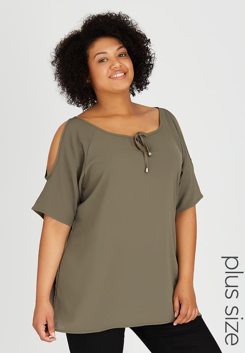 edit Plus - Cold Shoulder Tunic Khaki Green