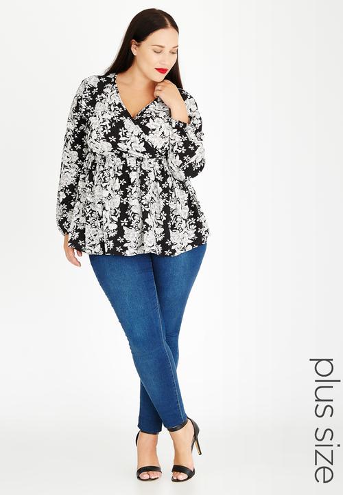edit Plus - Cross Over Fixed Wrap Blouse Black