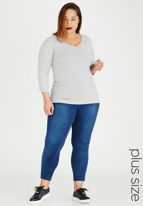 edit Plus - V-Neck Long 3/4 Slv Rib T Grey Melange