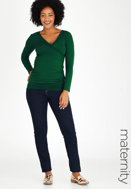 Cherry Melon - Long Sleeve Gauged Wrap Top Dark Green