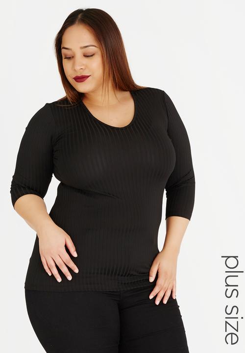 edit Plus - V-Neck Long 3/4 Slv Rib T Black