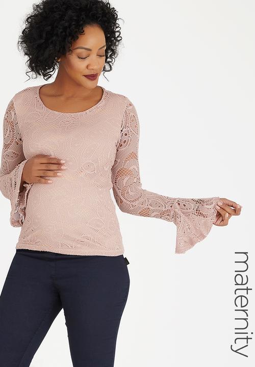 edit Maternity - Fluted Sleeve Lace Top Pale Pink