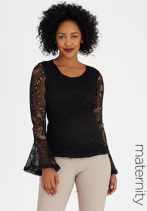 edit Maternity - Fluted Sleeve Lace Top Black
