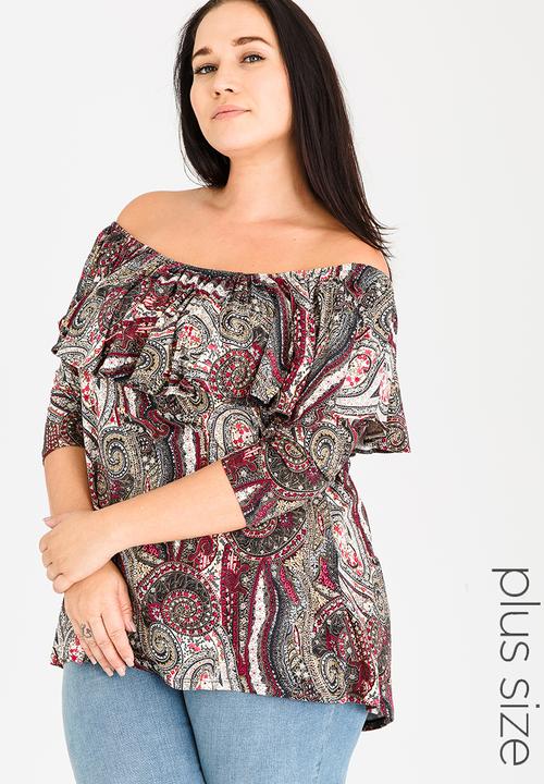 STYLE REPUBLIC PLUS - Bardot Top with Frill Burgundy