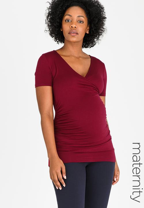Cherry Melon - Short Sleeve Wrap Front Top Burgundy