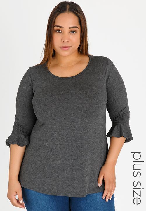 edit Plus - 3/4 Sleeve Frill T-Shirt Dark Grey