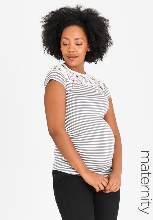edit Maternity - Lace Inset Stripe T-shirt Grey Melange