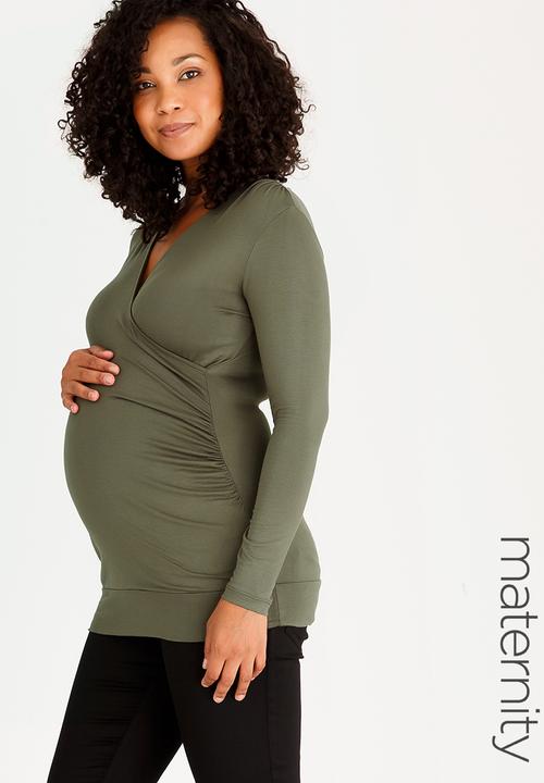 edit Maternity - Cross-Over Front Top with Gauging Detail Khaki Green