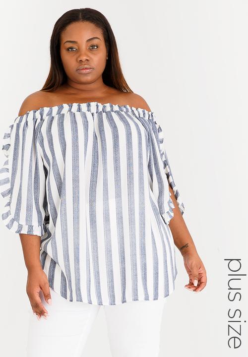 Slick - Elena Tunic with Frill Sleeve Detail Blue and White
