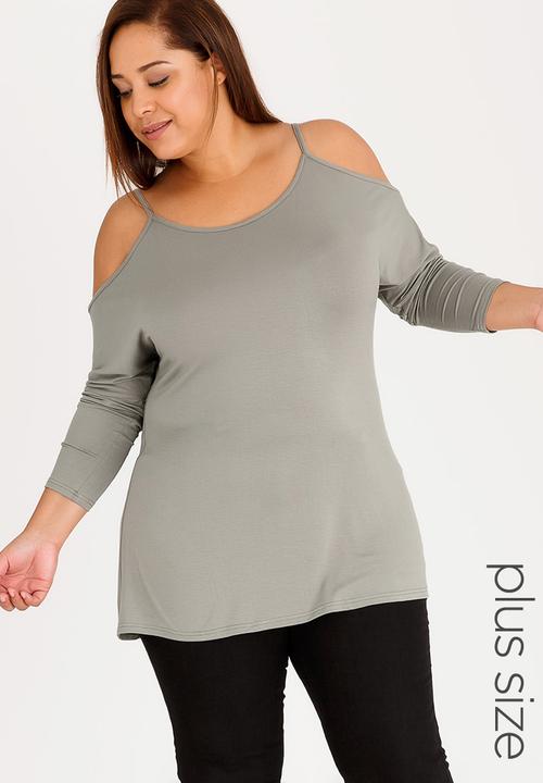 edit Plus - Cold Shoulder Long Sleeve Tee Grey