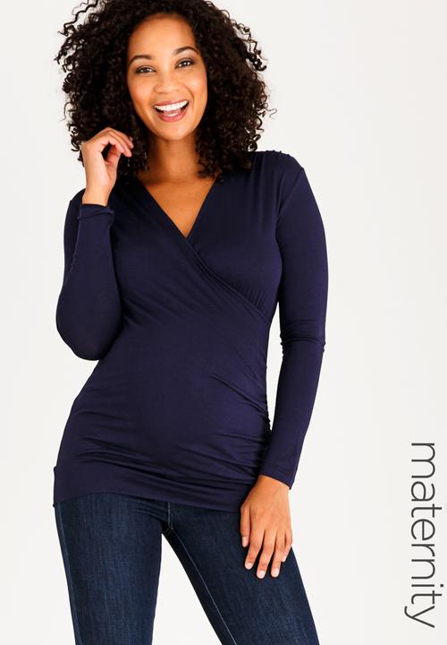 edit Maternity - Cross-Over Front Top with Gauging Detail Navy