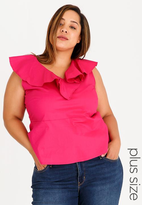 edit Plus - Cotton Blouse with Frill Neckline Cerise Pink