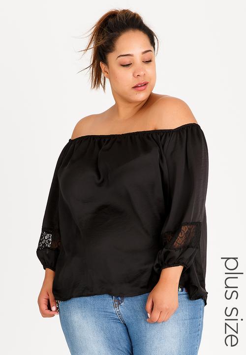edit Plus - Bardot Satin Blouse with Lace Detail Black