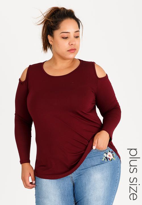 edit Plus - Cold Shoulder Tshirt Maroon