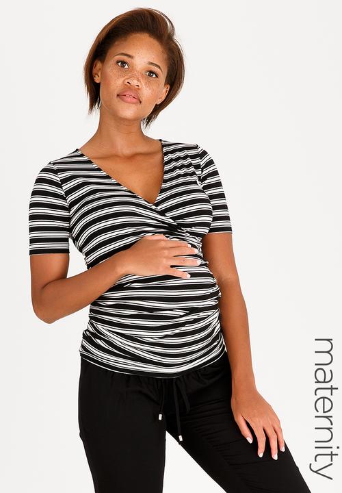 Cherry Melon - Striped Gauged Wrap Top Black and White