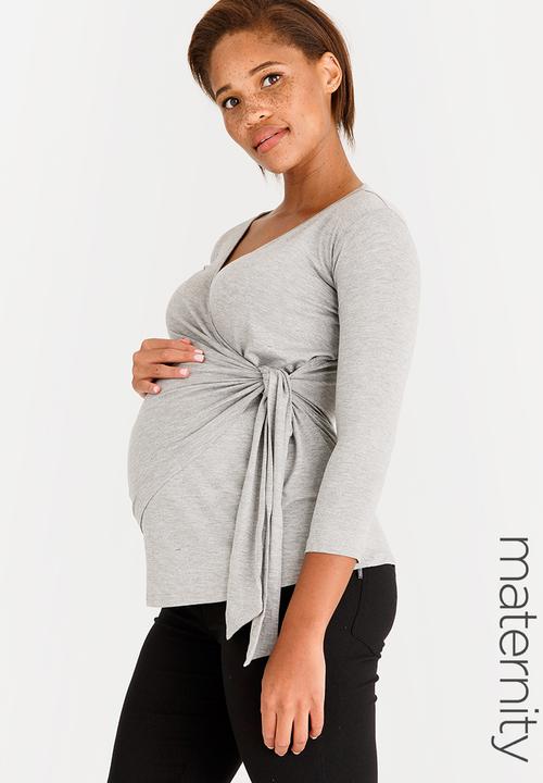 edit Maternity - 3/4 Sleeve Wrap Top Grey Melange